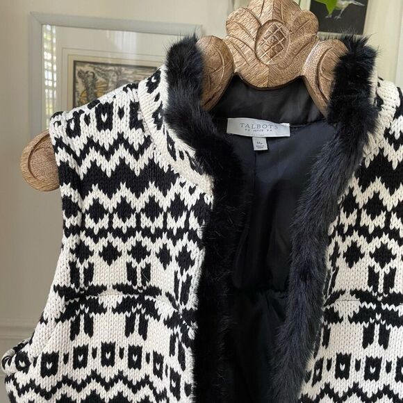 Talbots Black White Fair Isle Sweater Vest Fur Trim M Petite - Picture 3 of 8